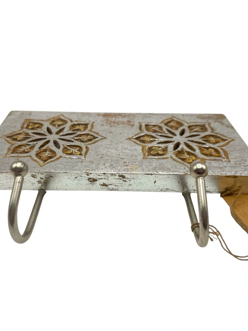 Handmade Silver Wood Wall Coat Rack 2 Hook Floral Carved Entryway NWT India Boho